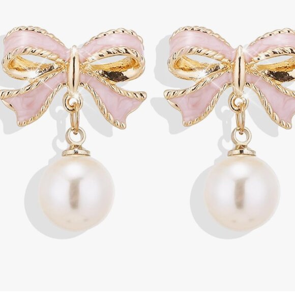 Bow Rhinestone Pearl Earrings - Picture 2 of 4